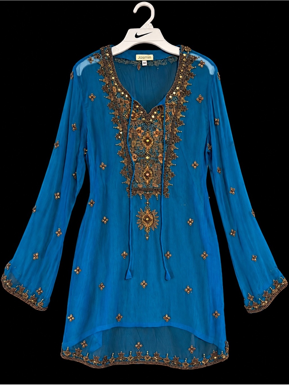 Embellished Blue V-Neck Tunic Top